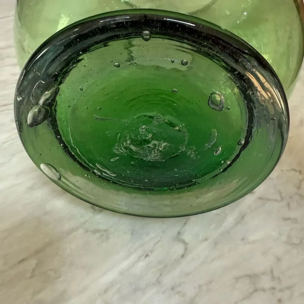 Heavy green hand blown glass vase 16” tall footed